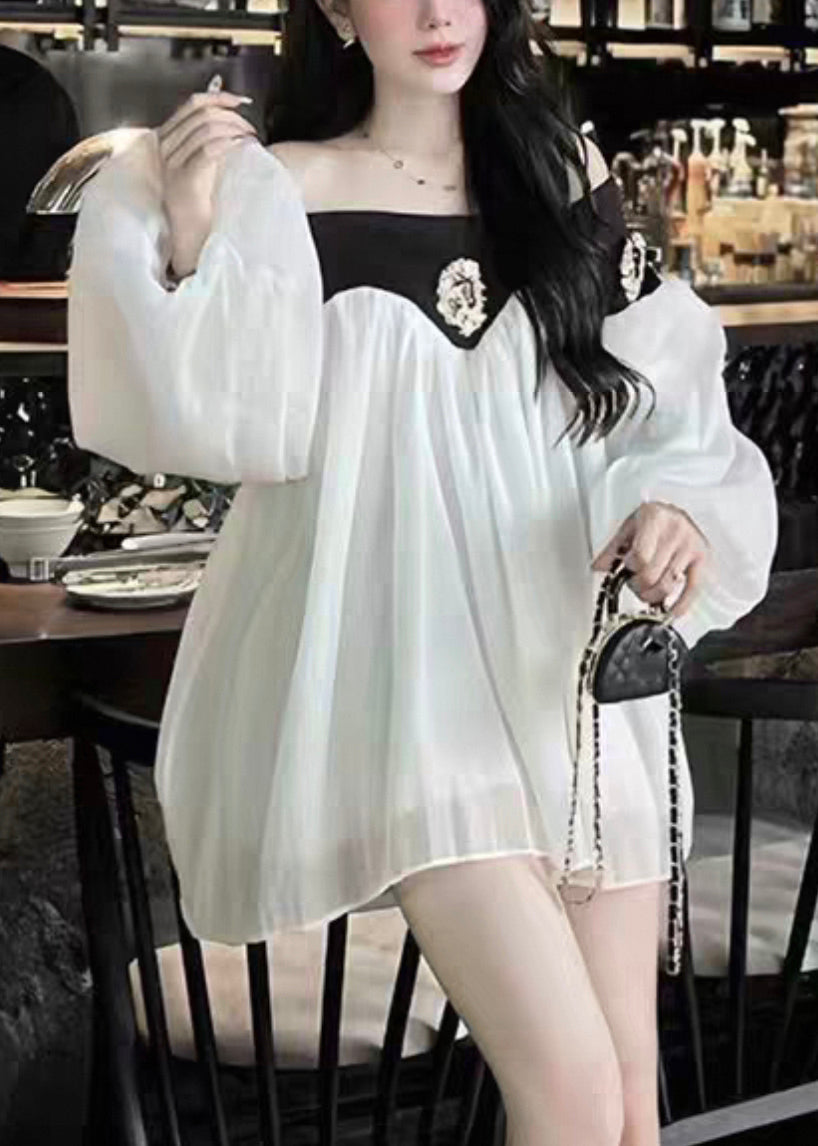 Black Slash Neck Patchwork Chiffon Mid Dress Lantern Sleeve