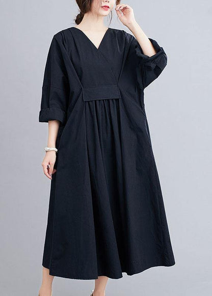 Black Slim Fit V Neck Pockets Fall Long Dresses Long Sleeve