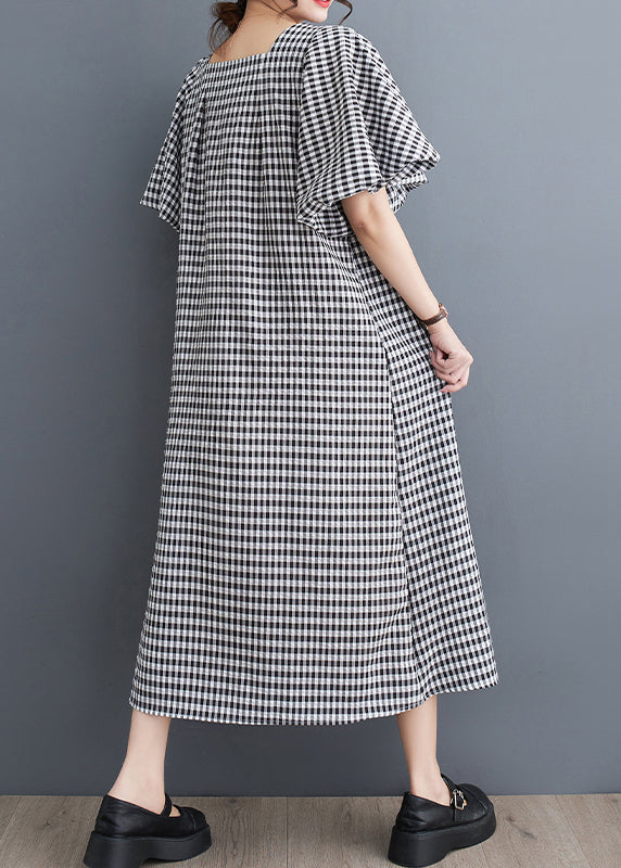Black Square Collar Plaid Linen a Line Dress Puff Sleeve