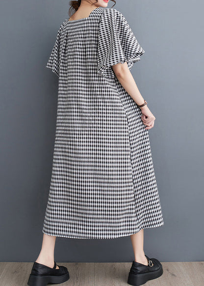 Black Square Collar Plaid Linen a Line Dress Puff Sleeve