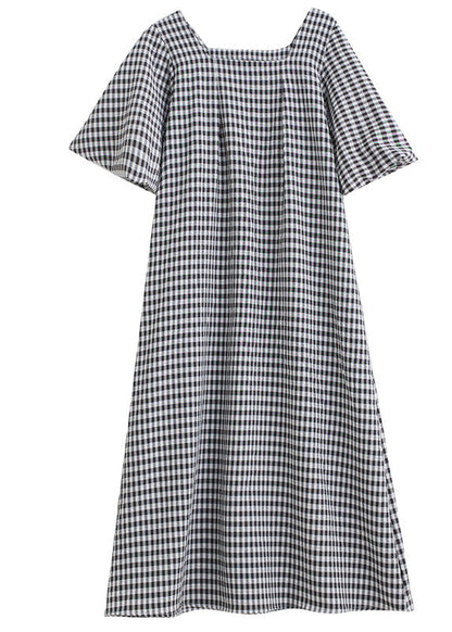 Black Square Collar Plaid Linen a Line Dress Puff Sleeve