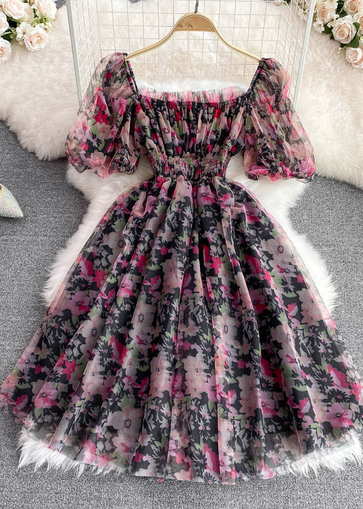 Black Square Collar Print Tulle Patchwork Tunic Mid Dress Short Sleeve