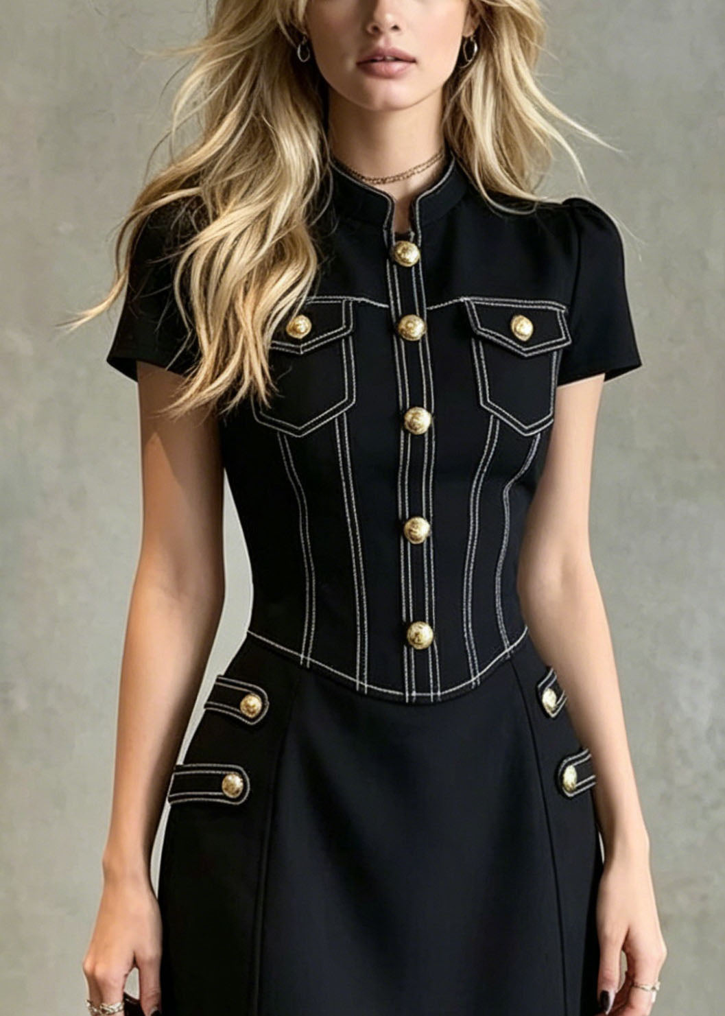 Black Stand Collar Button Denim Mid Dress Summer