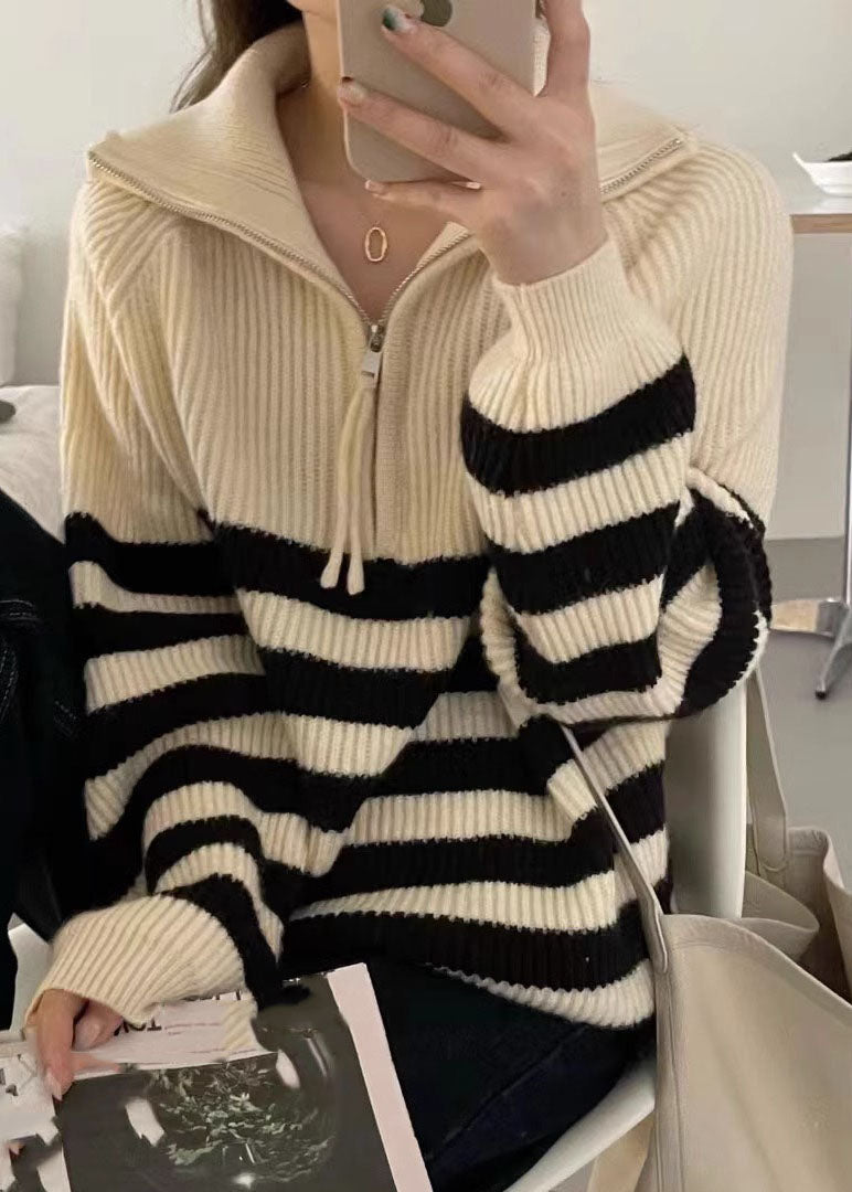 Black Stand Collar Striped Patchwork Thick Knit Pullover Long Sleeve