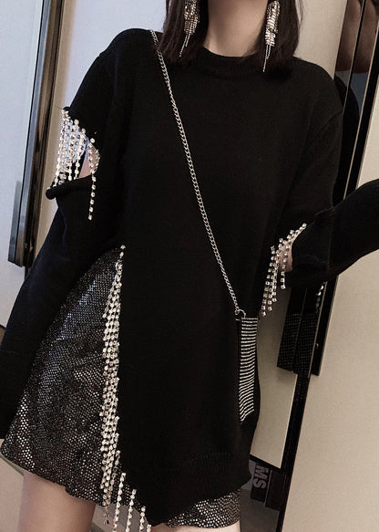 Black Tasseled Hole Patchwork Cotton Knit Sweaters Long Sleeve