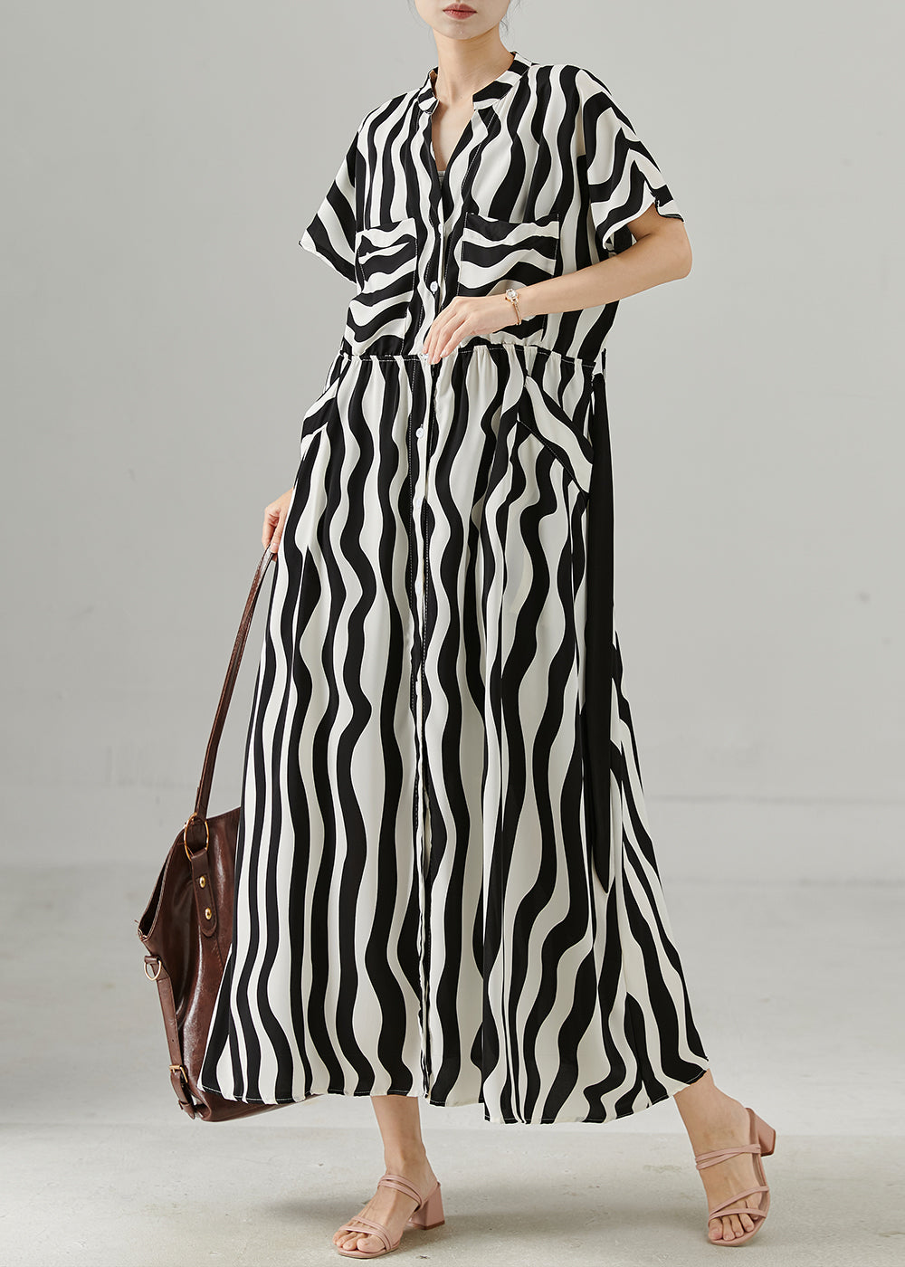 Black Tie Waist Striped Chiffon Work Dress Summer