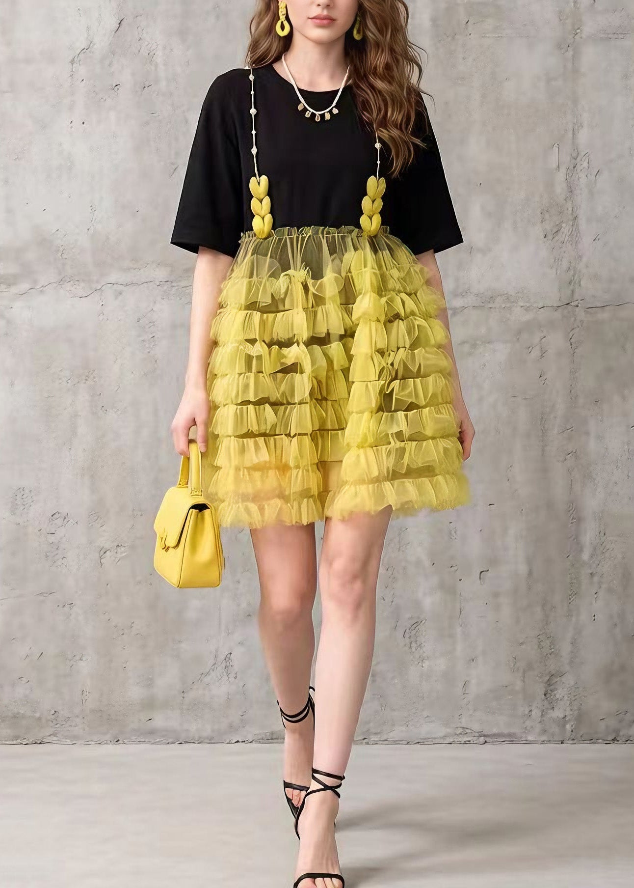 Black Tulle Ruffled Patchwork Cotton Mid Dress Summer