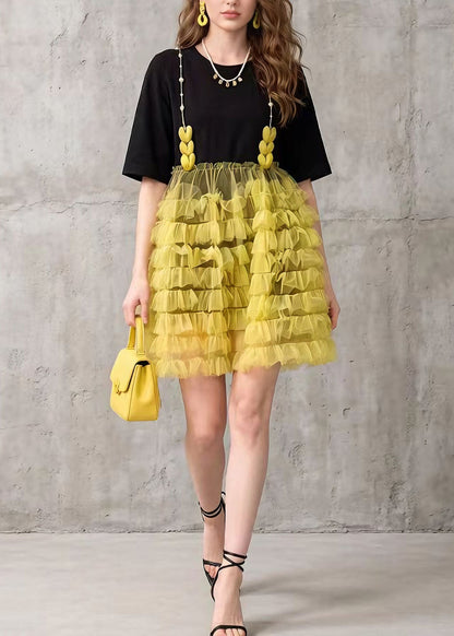 Black Tulle Ruffled Patchwork Cotton Mid Dress Summer