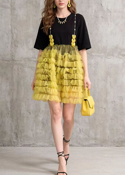 Black Tulle Ruffled Patchwork Cotton Mid Dress Summer