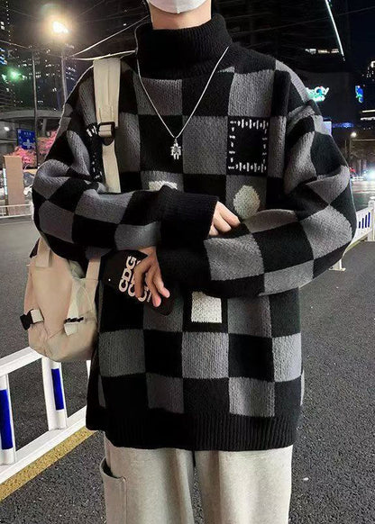 Black Turtleneck Plaid Knit Sweaters Pullover Winter
