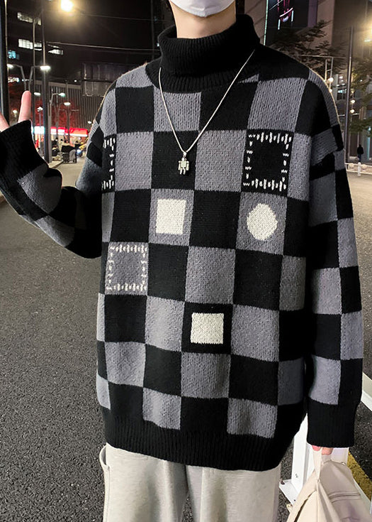 Black Turtleneck Plaid Knit Sweaters Pullover Winter