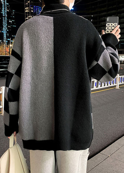 Black Turtleneck Plaid Knit Sweaters Pullover Winter