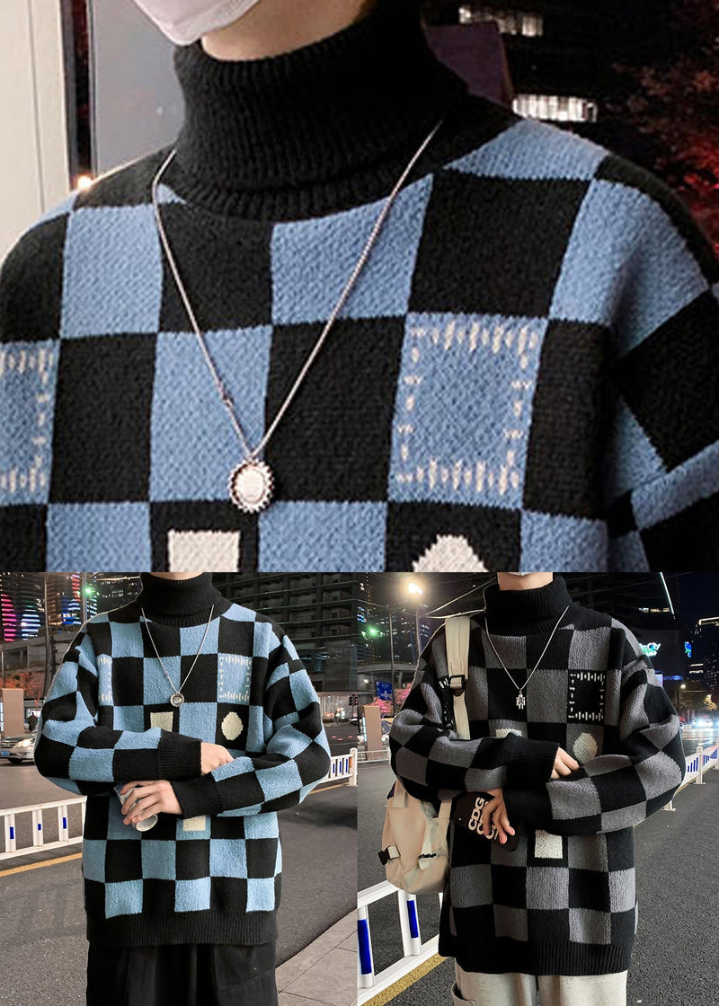 Black Turtleneck Plaid Knit Sweaters Pullover Winter