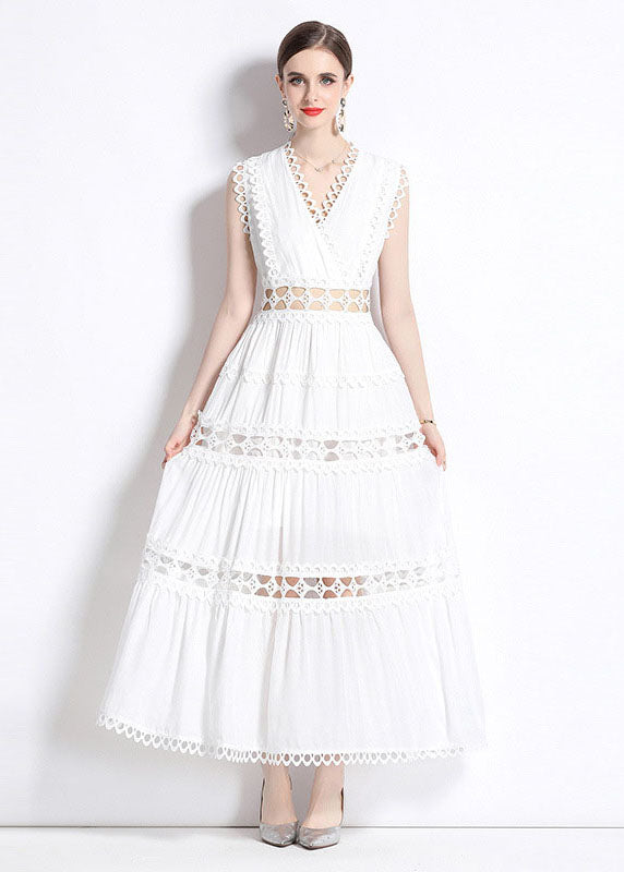 Black V Neck Hollow Out Patchwork Wrinkled Cotton Long Dresses Sleeveless