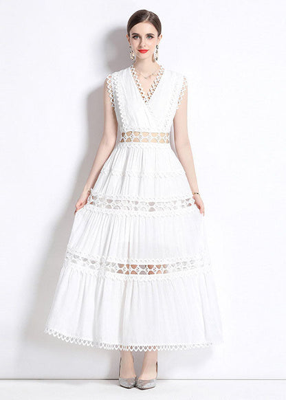 Black V Neck Hollow Out Patchwork Wrinkled Cotton Long Dresses Sleeveless