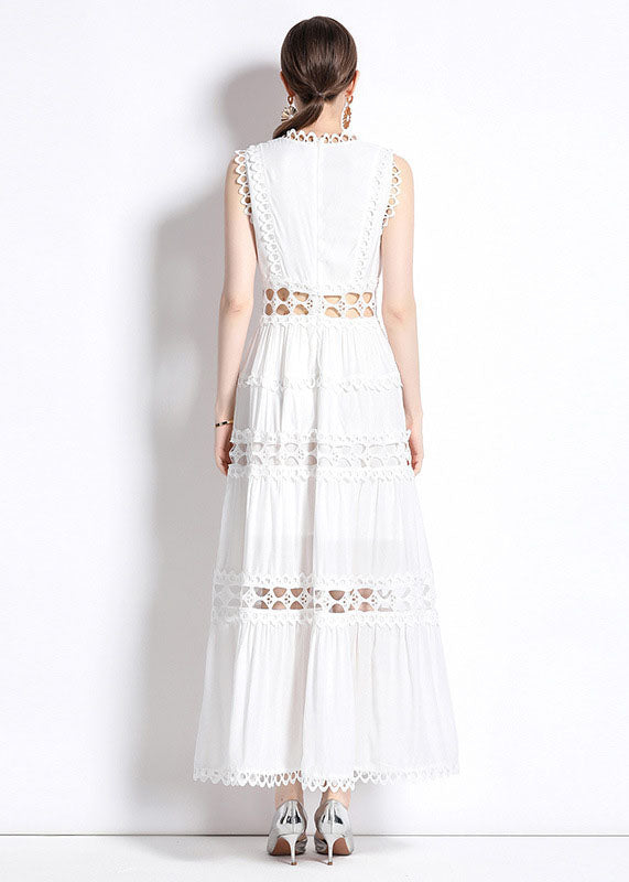 Black V Neck Hollow Out Patchwork Wrinkled Cotton Long Dresses Sleeveless