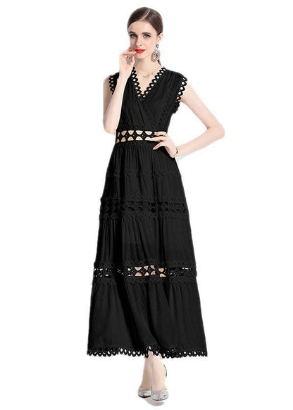 Black V Neck Hollow Out Patchwork Wrinkled Cotton Long Dresses Sleeveless