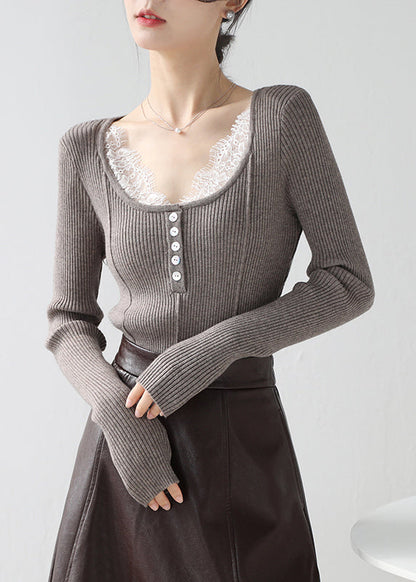 Black V Neck Lace Patchwork Knit Sweater Tops Spring