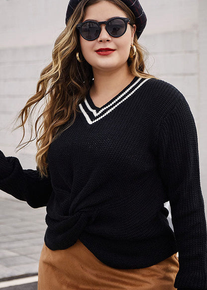 Black V Neck Patchwork Knit Sweaters Fall