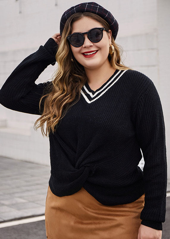 Black V Neck Patchwork Knit Sweaters Fall