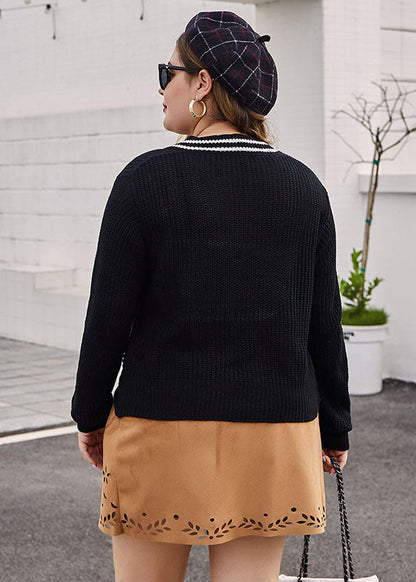 Black V Neck Patchwork Knit Sweaters Fall