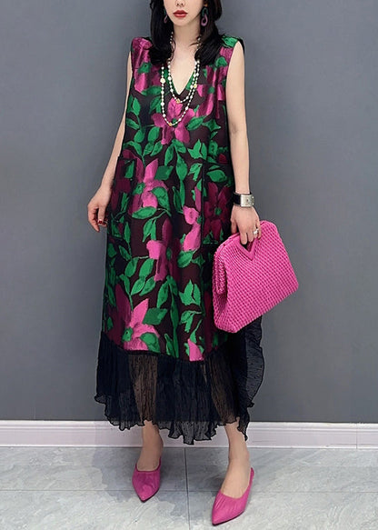 Black V Neck Print Cotton Long Dresses Sleeveless