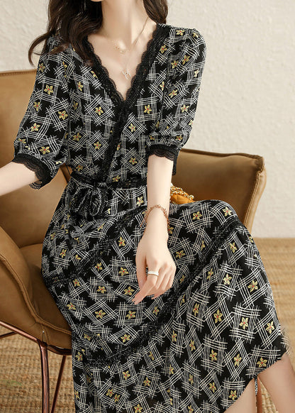 Black V Neck Print Tie Waist Cotton Long Dresses Half Sleeve