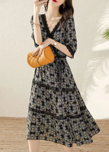 Black V Neck Print Tie Waist Cotton Long Dresses Half Sleeve