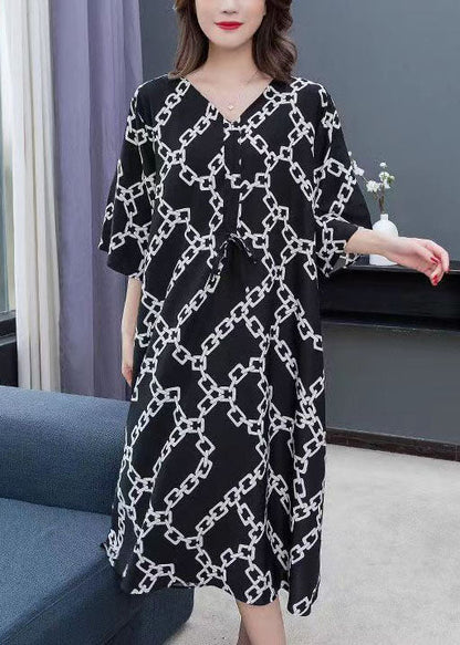 Black V Neck Print Wrinkled Patchwork Chiffon Dress Summer