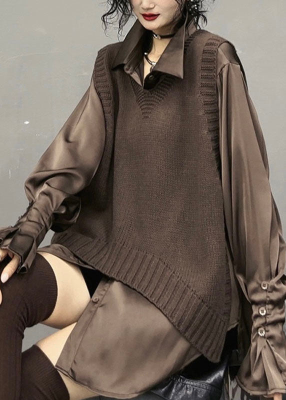 Black V Neck Side Open Knit Sweaters Fall