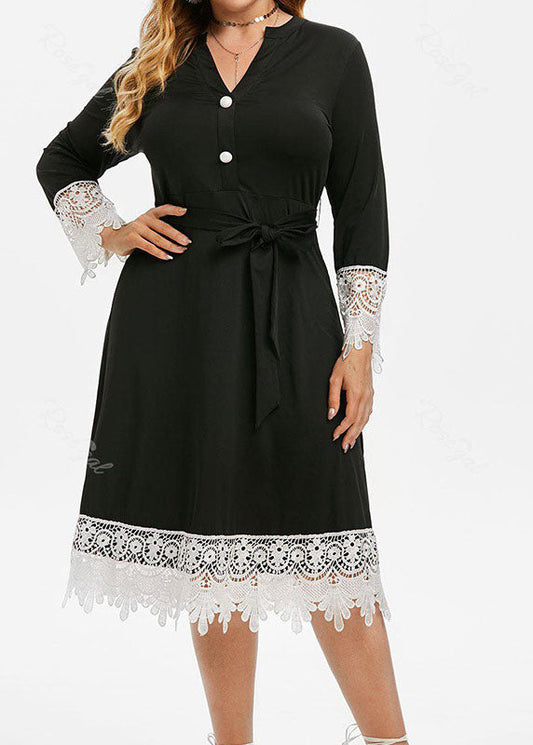 Black V Neck Tie Waist Button Lace Patchwork Knit Long Dress Long Sleeve