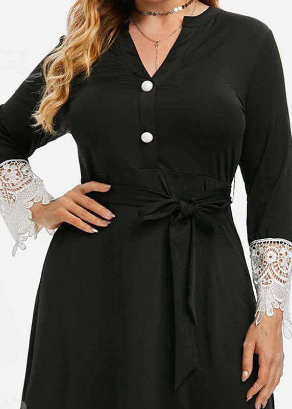 Black V Neck Tie Waist Button Lace Patchwork Knit Long Dress Long Sleeve