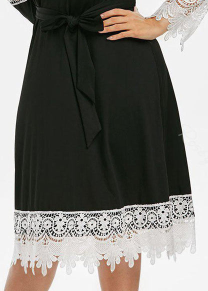 Black V Neck Tie Waist Button Lace Patchwork Knit Long Dress Long Sleeve