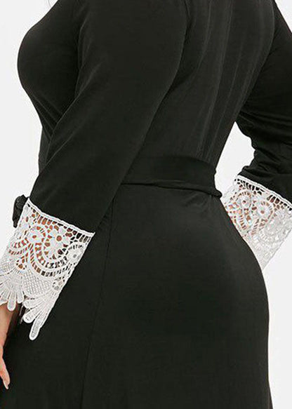 Black V Neck Tie Waist Button Lace Patchwork Knit Long Dress Long Sleeve