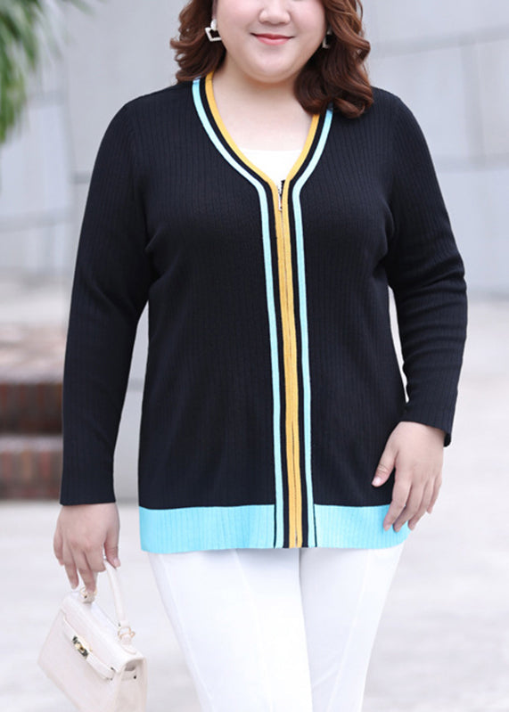 Black V Neck Zippered Striped Patchwork Knit Top Long Sleeve