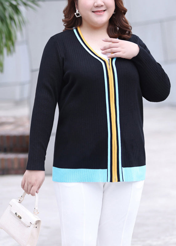 Black V Neck Zippered Striped Patchwork Knit Top Long Sleeve