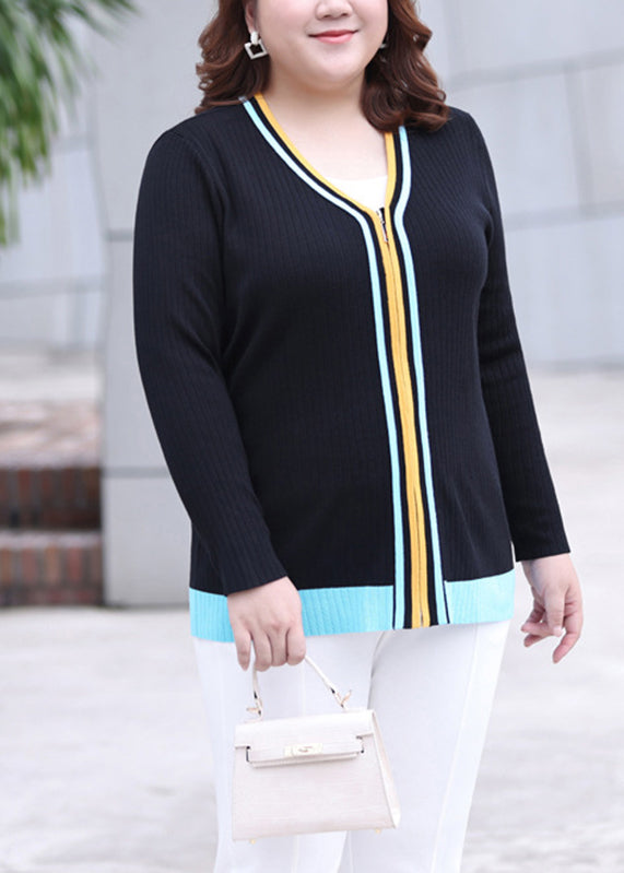 Black V Neck Zippered Striped Patchwork Knit Top Long Sleeve