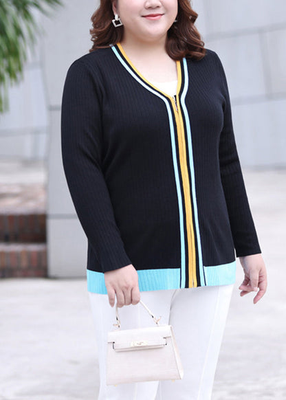 Black V Neck Zippered Striped Patchwork Knit Top Long Sleeve