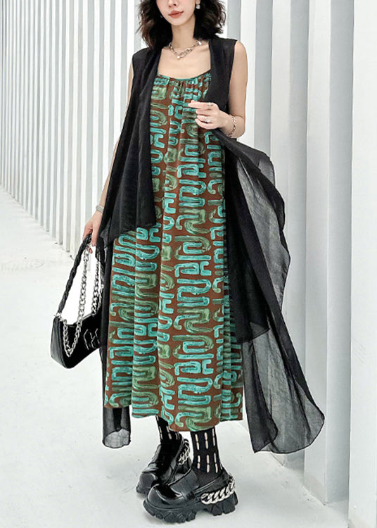 Black Waistcoat and Spaghetti Strap Dress Patchwork Chiffon Two Pieces Set Sleeveless