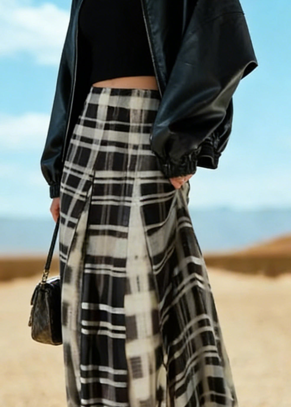 Black White Plaid a Line Skirt Spring