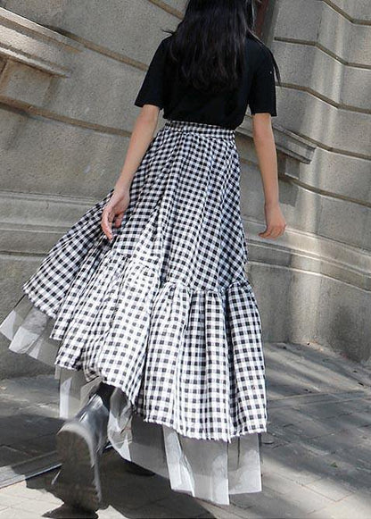 Black White Plaid Ruffles Patchwork Lace Skirt Summer