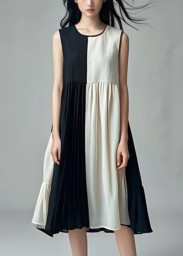 Black Wrinkled Patchwork Cotton Dresses Sleeveless