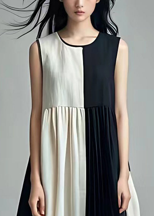 Black Wrinkled Patchwork Cotton Dresses Sleeveless