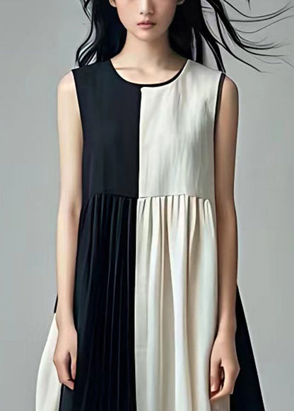 Black Wrinkled Patchwork Cotton Dresses Sleeveless