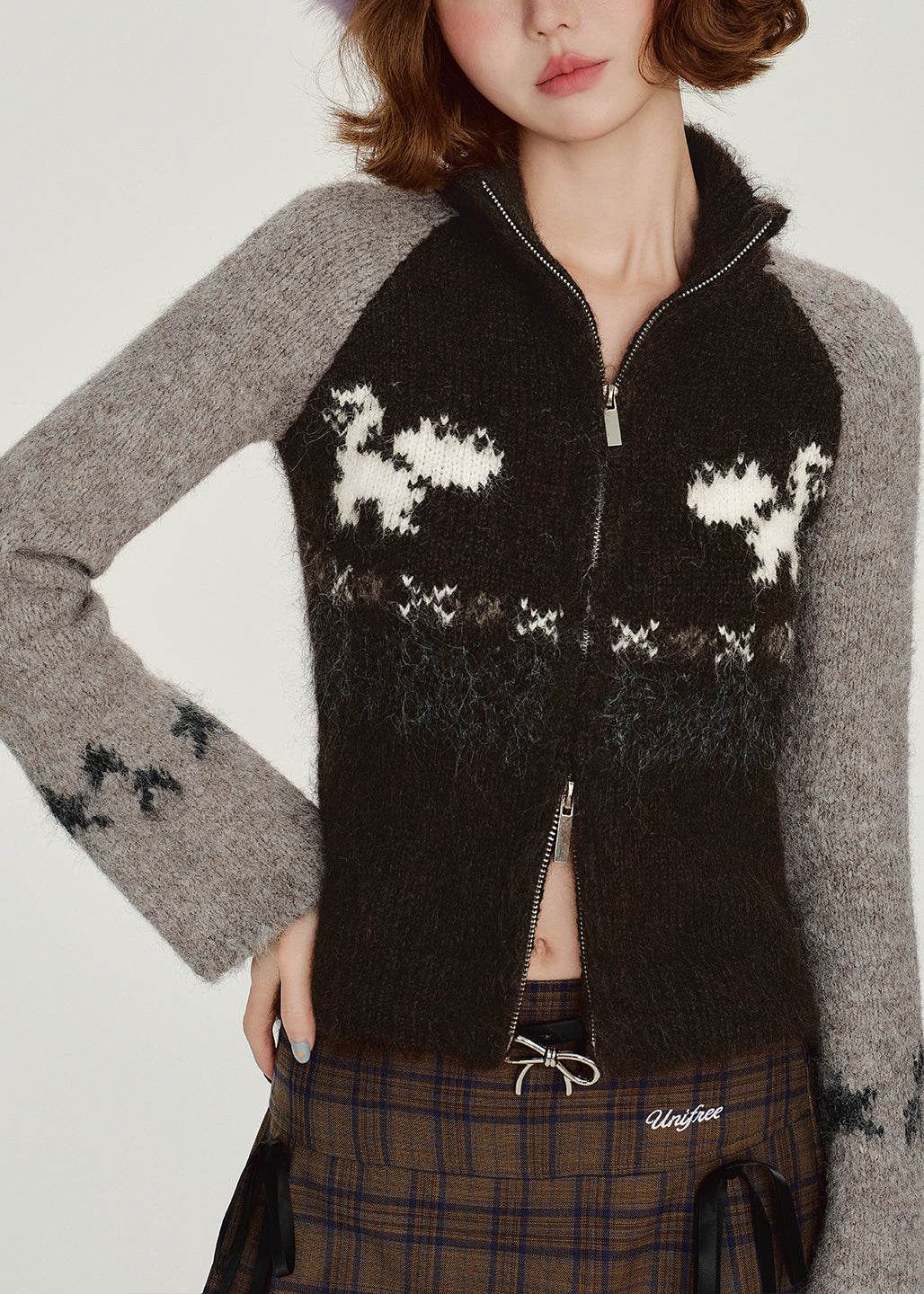 Black Zip Up Patchwork Knit Cardigan Winter