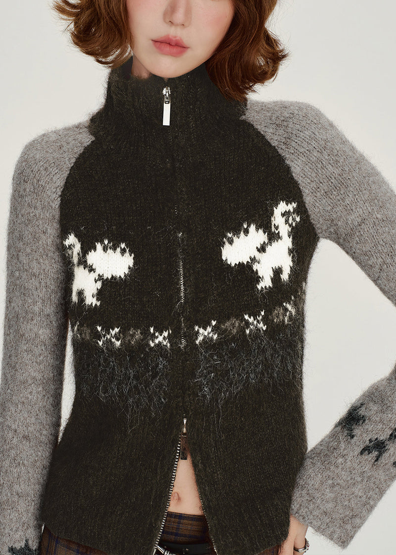 Black Zip Up Patchwork Knit Cardigan Winter