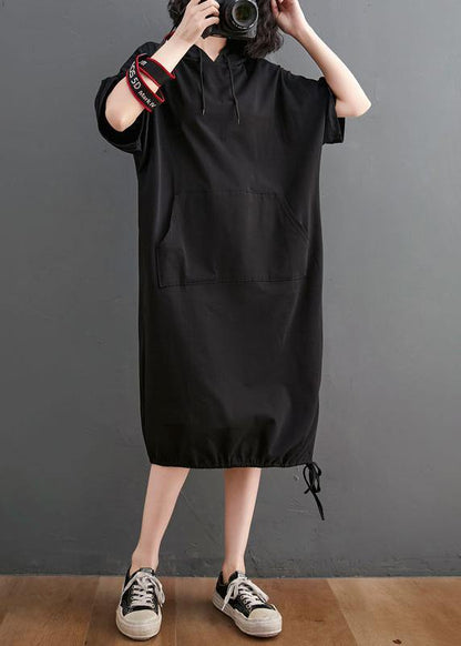 Black Hooded Pockets Mid Summer Cotton Dress