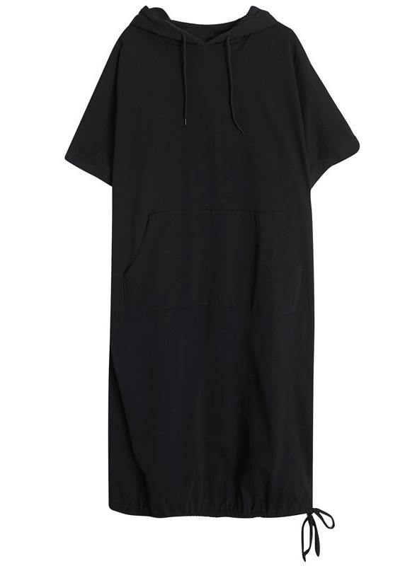 Black Hooded Pockets Mid Summer Cotton Dress