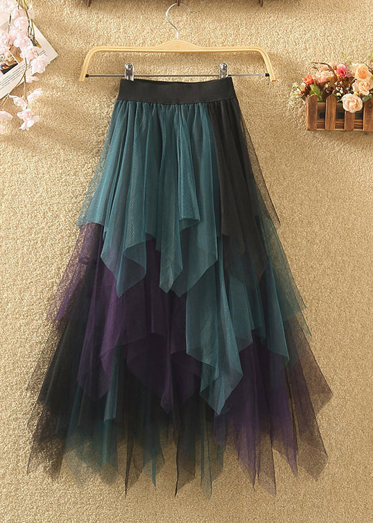 Blue Asymmetrical Elastic Waist Patchwork Tulle Skirts Summer