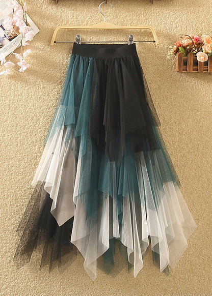 Blue Asymmetrical Elastic Waist Patchwork Tulle Skirts Summer